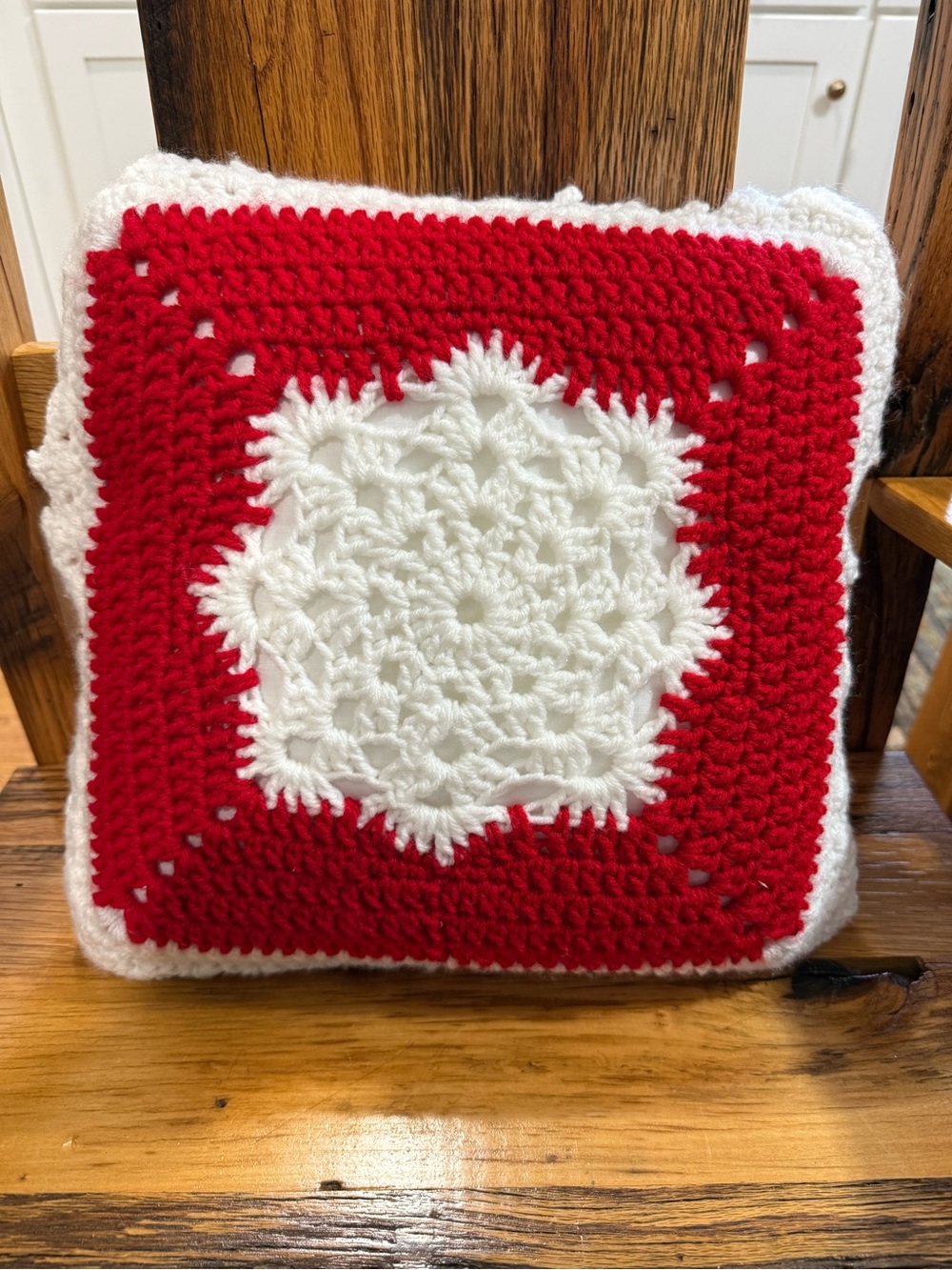 Handmade Red and White Crochet Holiday Throw Pillow 14X14